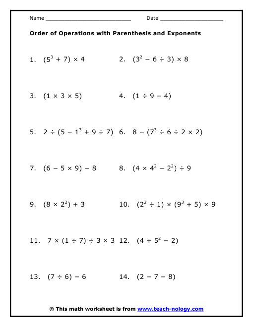 Worksheet On Order Of Operations With Exponents