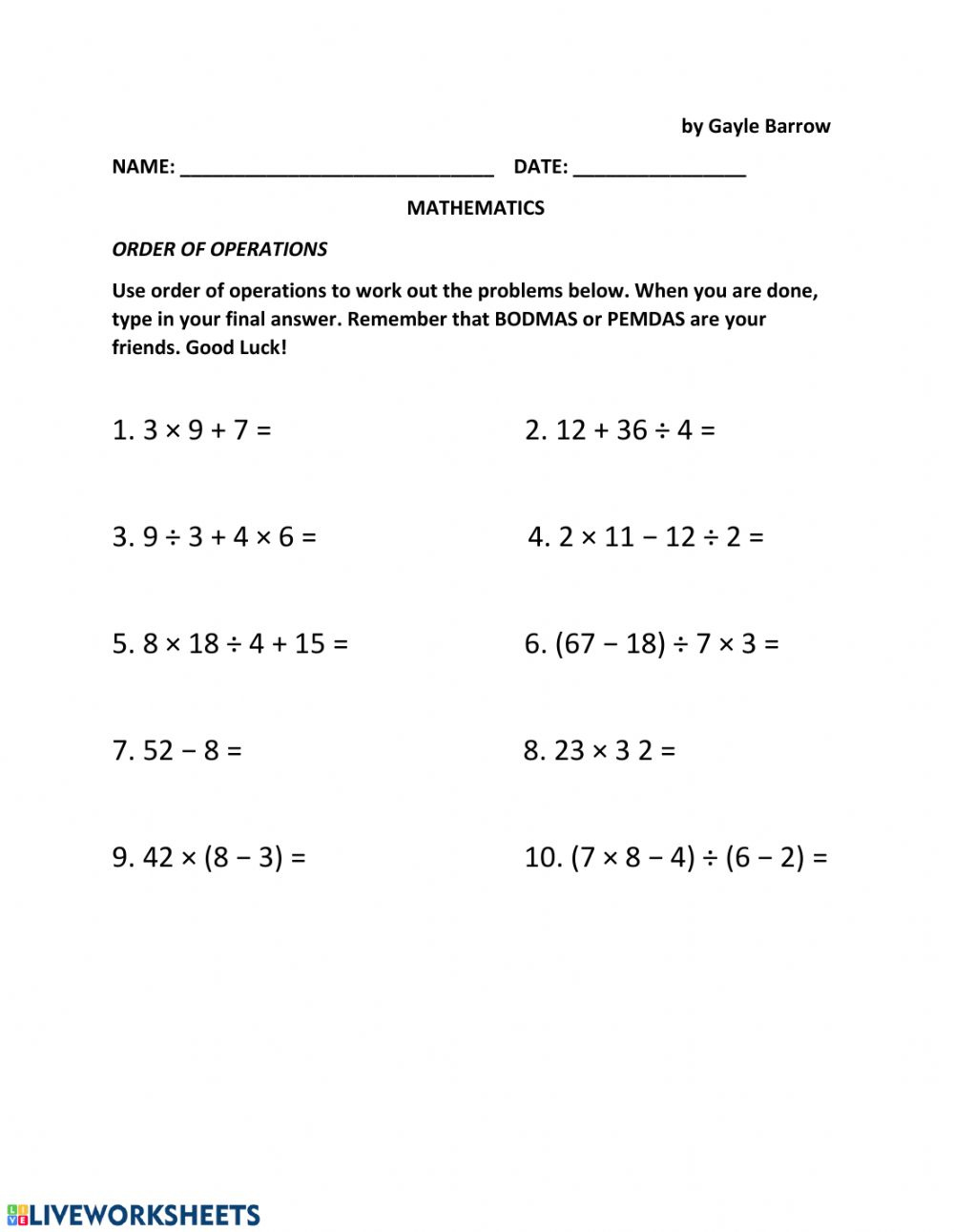 Order Of Operation Interactive Worksheet