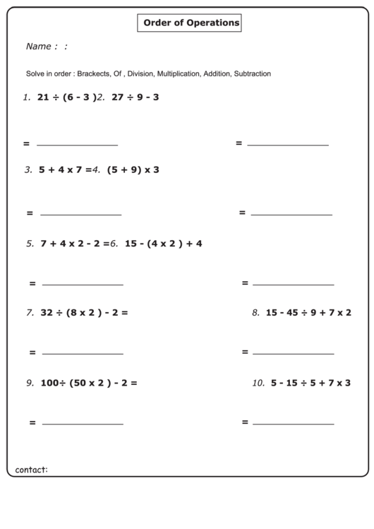 Order Of Operation Worksheet With Answer Key Printable Pdf Download
