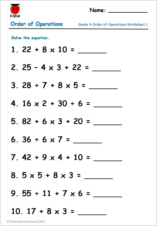 Order Of Operation Worksheets Grade 4 Free Worksheets Printables