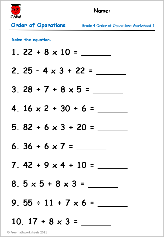 Order Of Operations Printable Math Worksheets