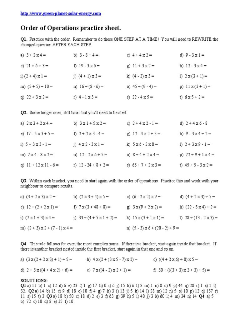 Order Of Operations 1 Order Of Operations Pemdas Worksheets 6th 