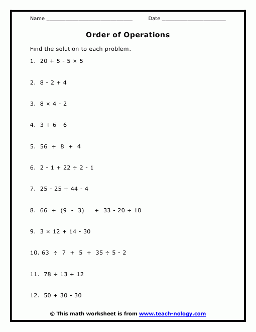 Order Of Operations Worksheets For 7th Grade