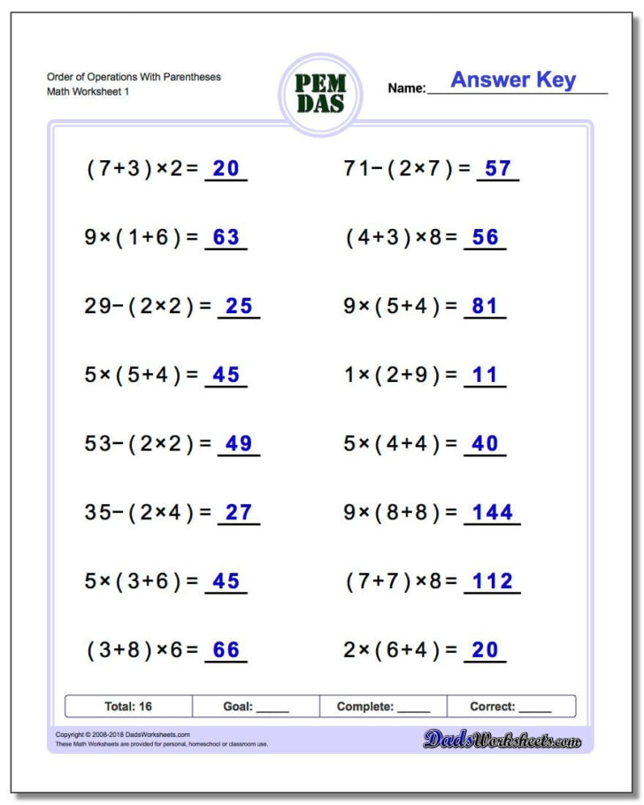 Order Of Operations With Parentheses And Brackets Worksheet