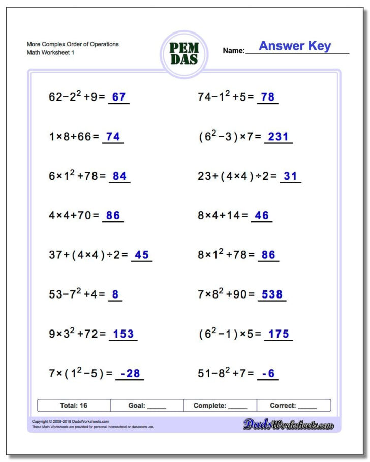 Complex Order Of Operations Worksheet