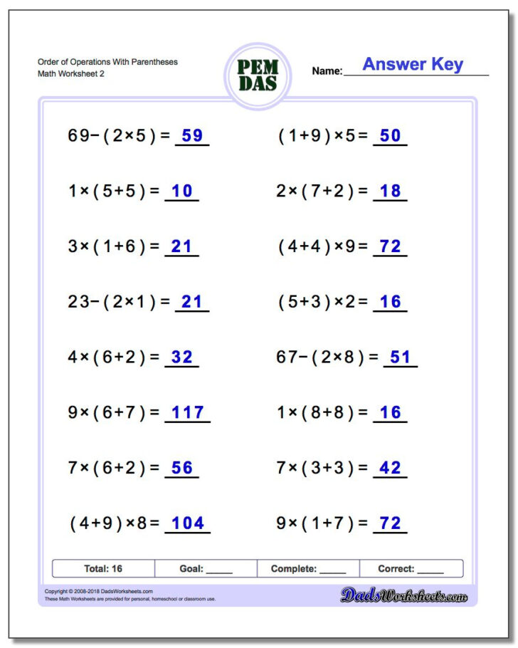 Order Of Operations Equations Worksheets