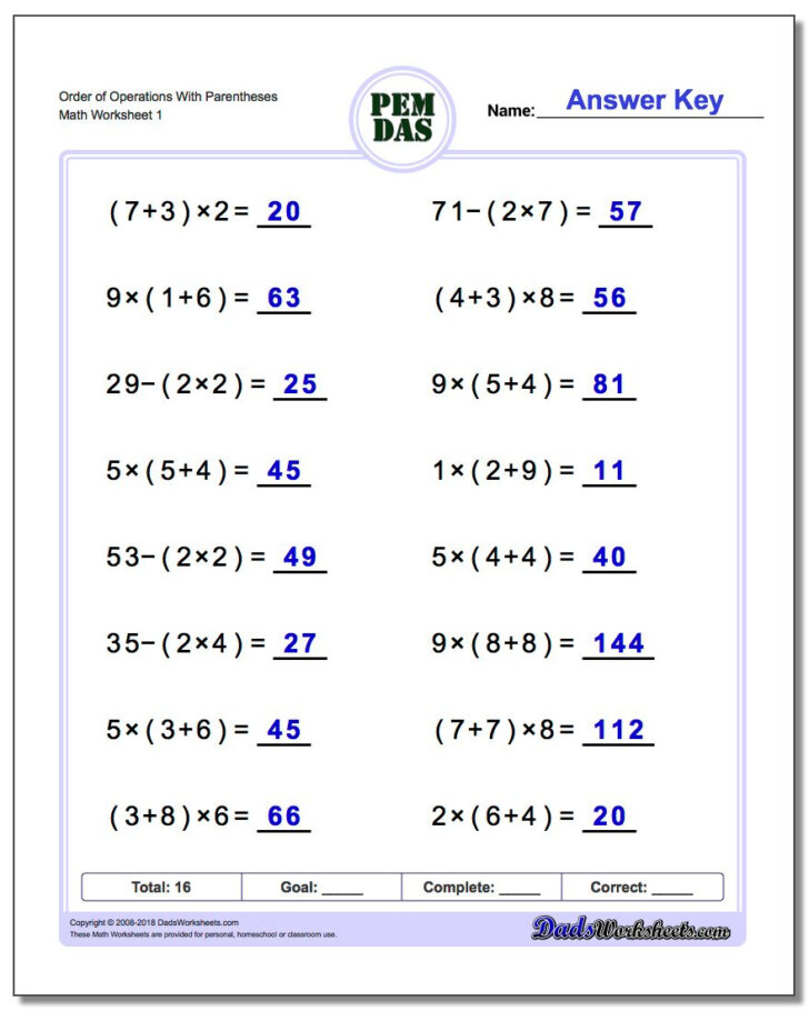Order Of Operations With Brackets Worksheet
