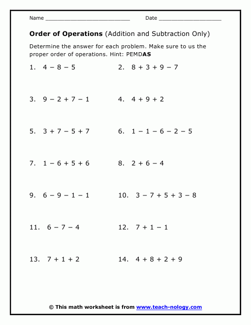 Order Of Operations Addition And Subtraction Worksheets