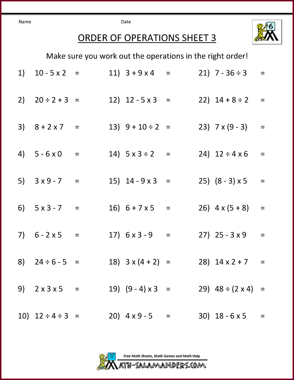Order Of Operations And Evaluating Expressions Worksheet Pdf Worksheet 