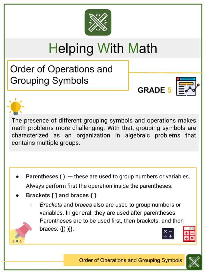 Order Of Operations And Grouping Symbols 5th Grade Math Worksheet