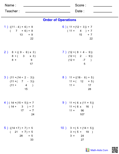 Order Of Operations Nested Parentheses Worksheet