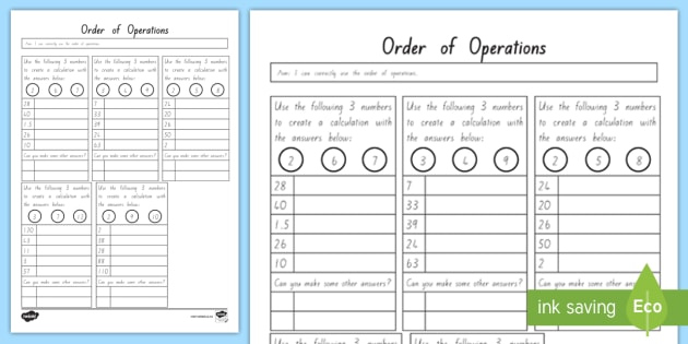 Order Of Operations BEDMAS Worksheet