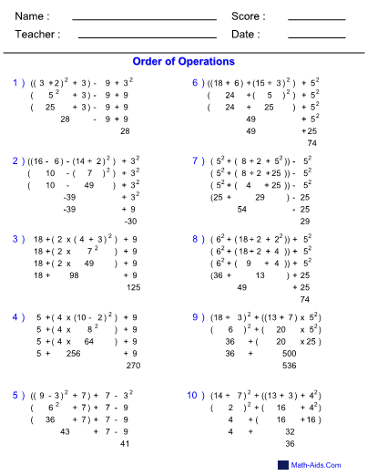 Order Of Operations Hard Worksheet