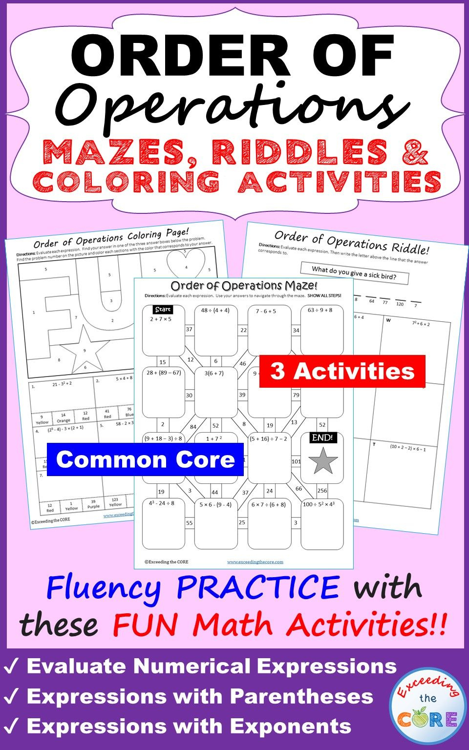 ORDER OF OPERATIONS Mazes Riddles Coloring Pages Fun Activities 