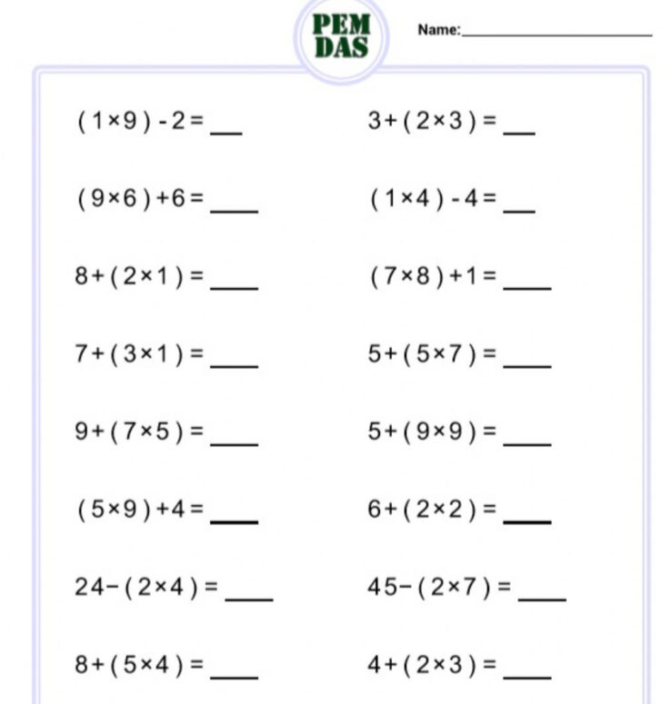 Order Of Operations Parentheses Worksheet