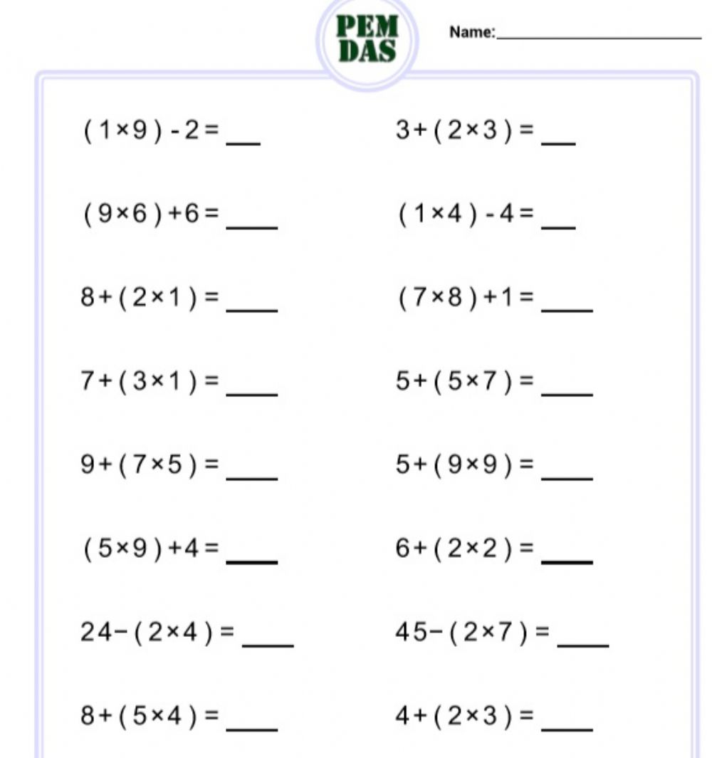 Order Of Operations MDAS With Parentheses Worksheet