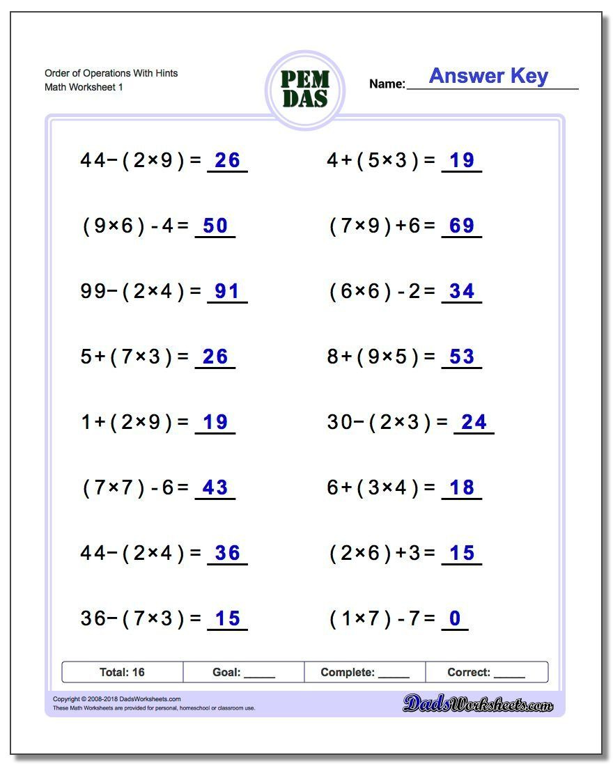 Order Of Operations Pemdas Practice Worksheets Answers A Order Of 
