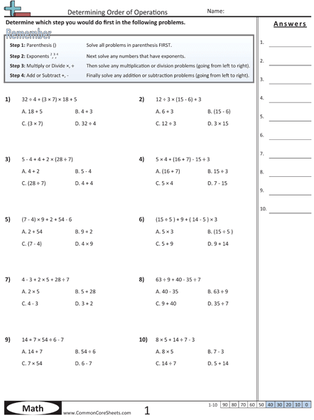 Common Core Order Of Operations Worksheets