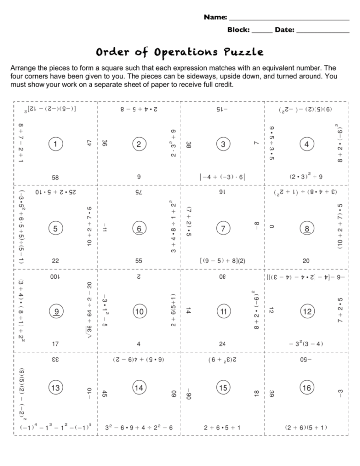 Order Of Operations Worksheet Puzzle