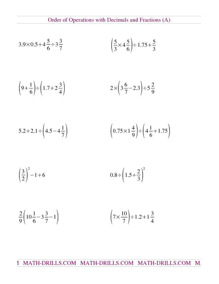 Order Of Operations With Decimals Worksheets With Answers