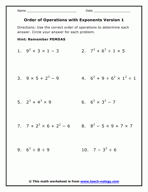 Order Of Operations Worksheets With Exponents