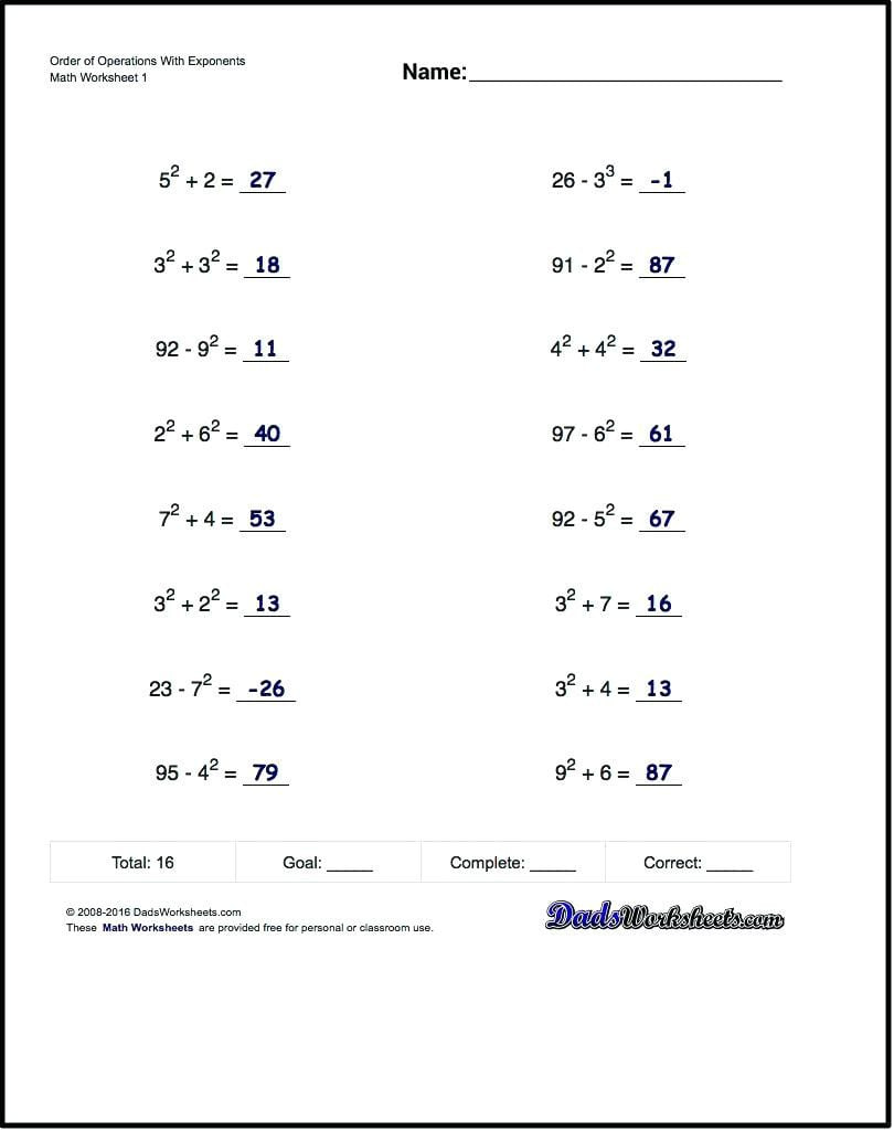 Order Of Operations With Exponents Worksheet Order Of Db excel