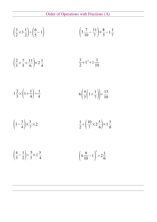 Order Of Operations With Fractions Worksheet Printable Pdf Download