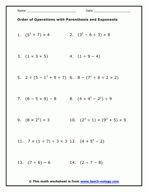 Order Of Operations With Parenthesis And Exponents Algebra Worksheets 