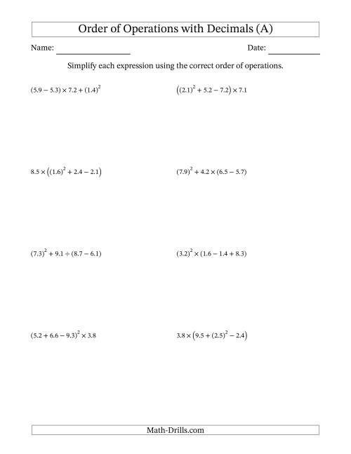 Order Of Operations With Decimals Worksheet