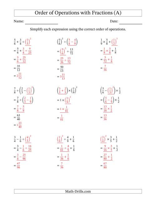 Order Of Operations With Positive Fractions Three Steps A 