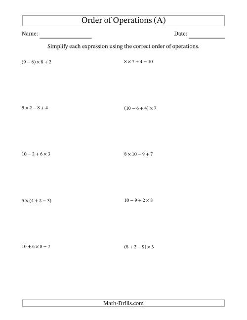Order Of Operations With Whole Numbers Multiplication Addition And 