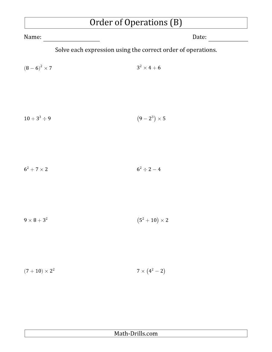 Order Of Operations With Whole Numbers Three Steps B Math Worksheet 