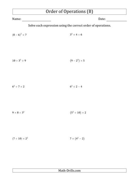 Order Of Operations With Whole Numbers Three Steps B Math Worksheet 