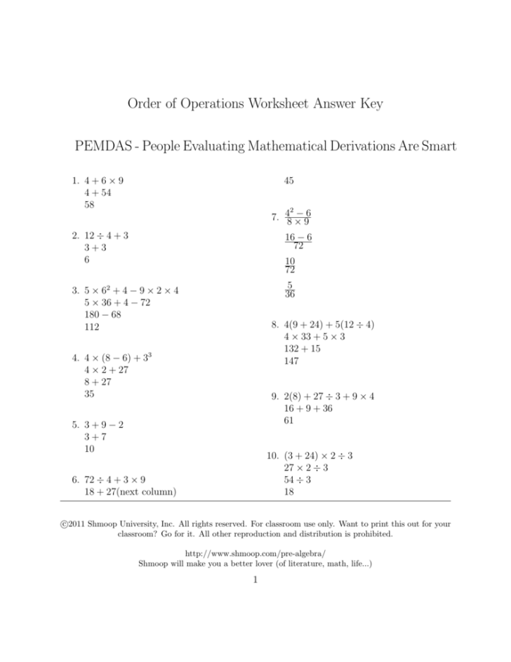 Order Of Operations Worksheet Answer Key Pemdas Order Of Operation Worksheets 5346