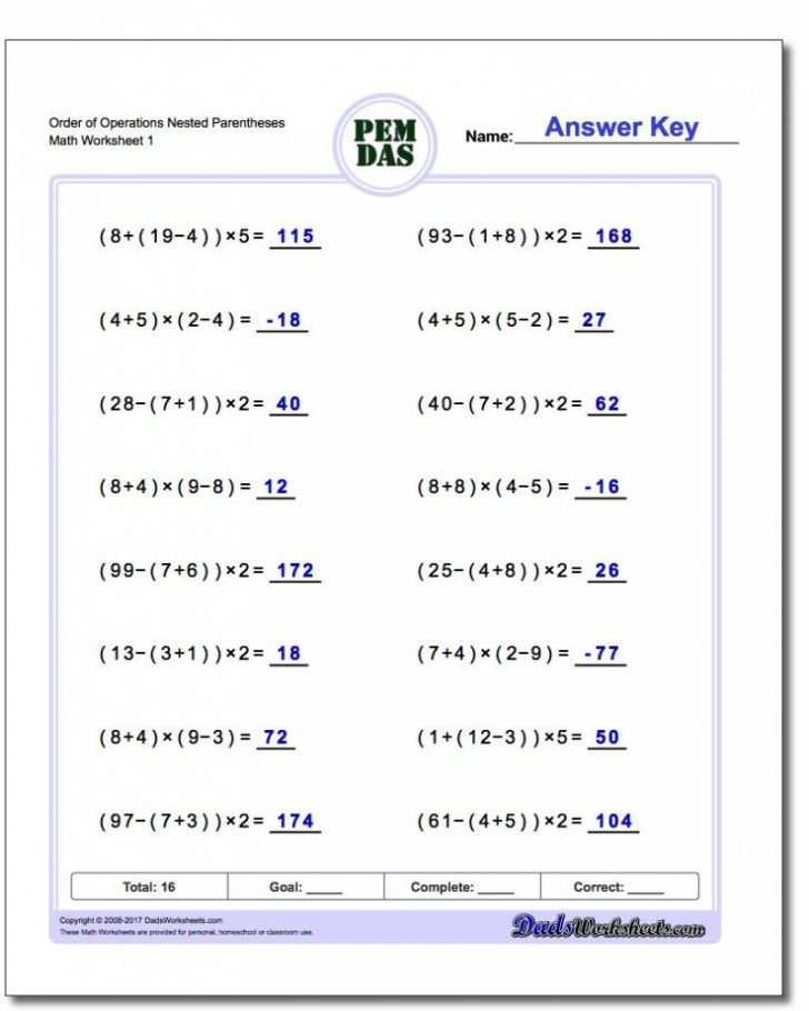 Order Of Operations Worksheet Nested Parentheses Order Of Math 