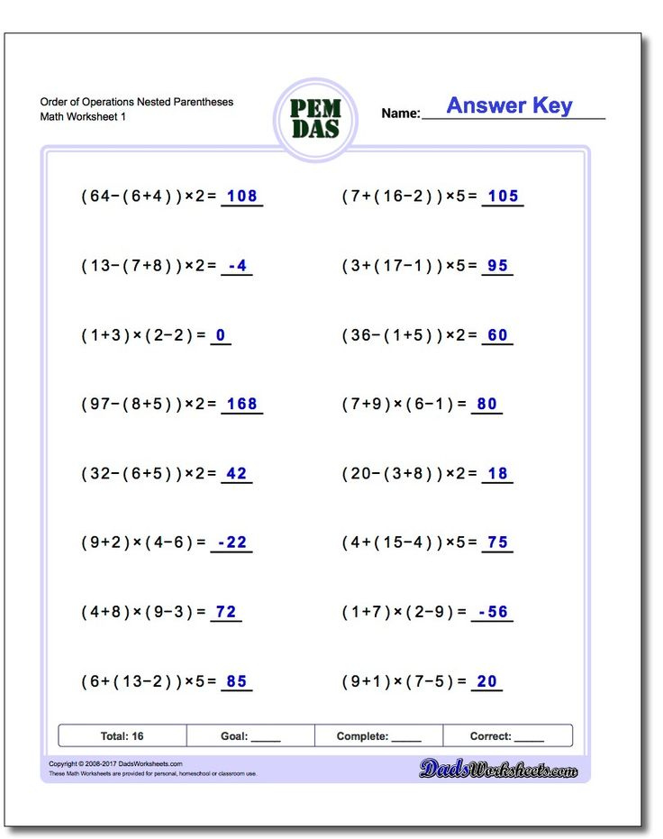 Order Of Operations Worksheet Nested Parentheses Order Of Operations 