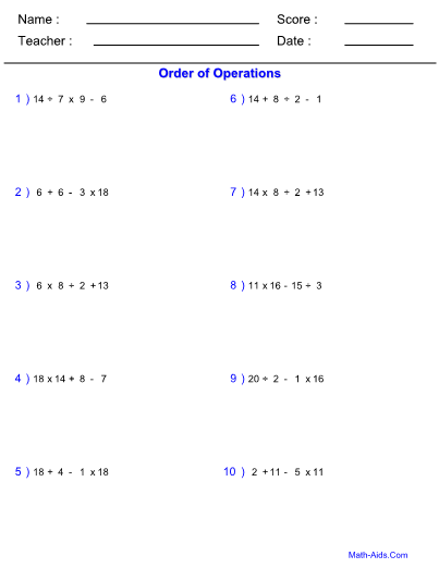 Order Of Operations Worksheet With Answer Sheet I TeacherSherpa