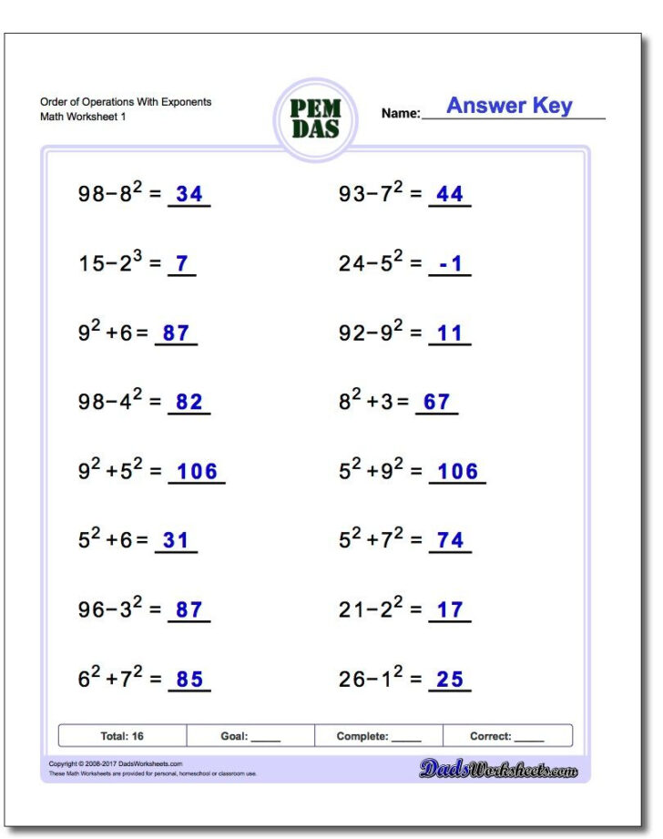 Order Of Operations With Negative Numbers And Exponents Worksheet