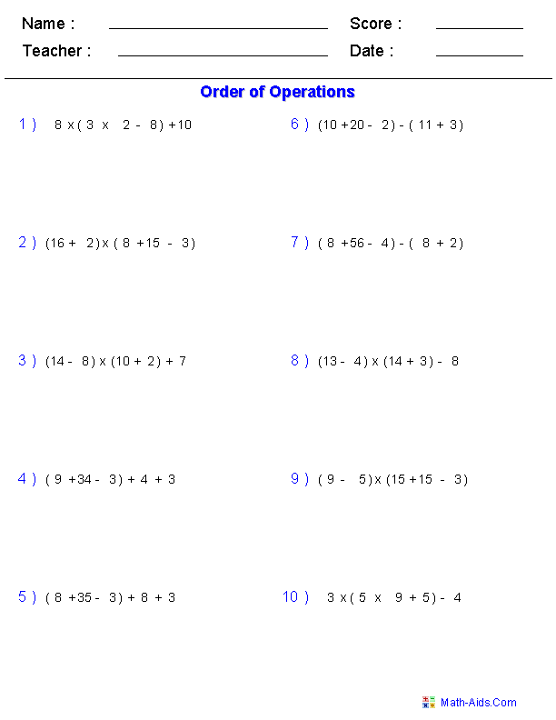 Order Of Operations Worksheets Order Of Operations Worksheets For 