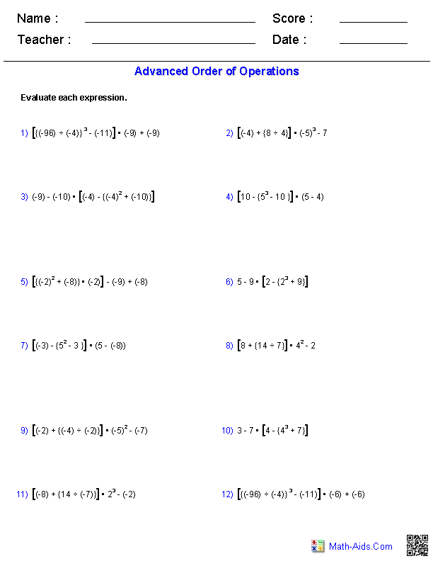 Advanced Order Of Operations Worksheet Answers