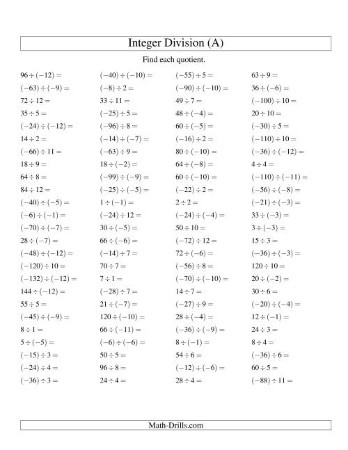 Integers Worksheet With Answer Key