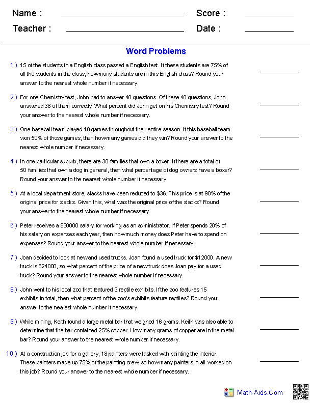 Percentage Word Problems Word Problems Addition Word Problems 