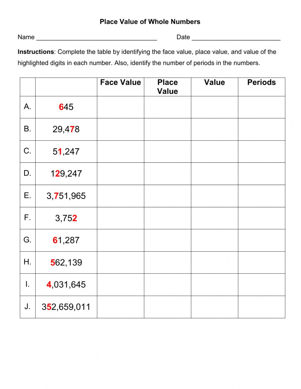 Place Value Of Whole Numbers Interactive Worksheet