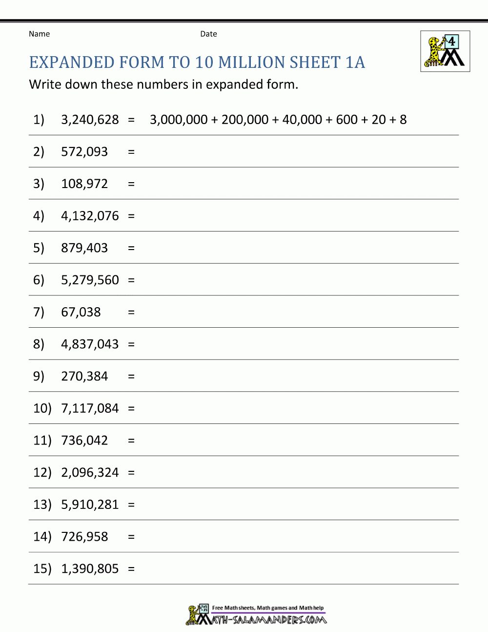Place Value Worksheet Up To 10 Million