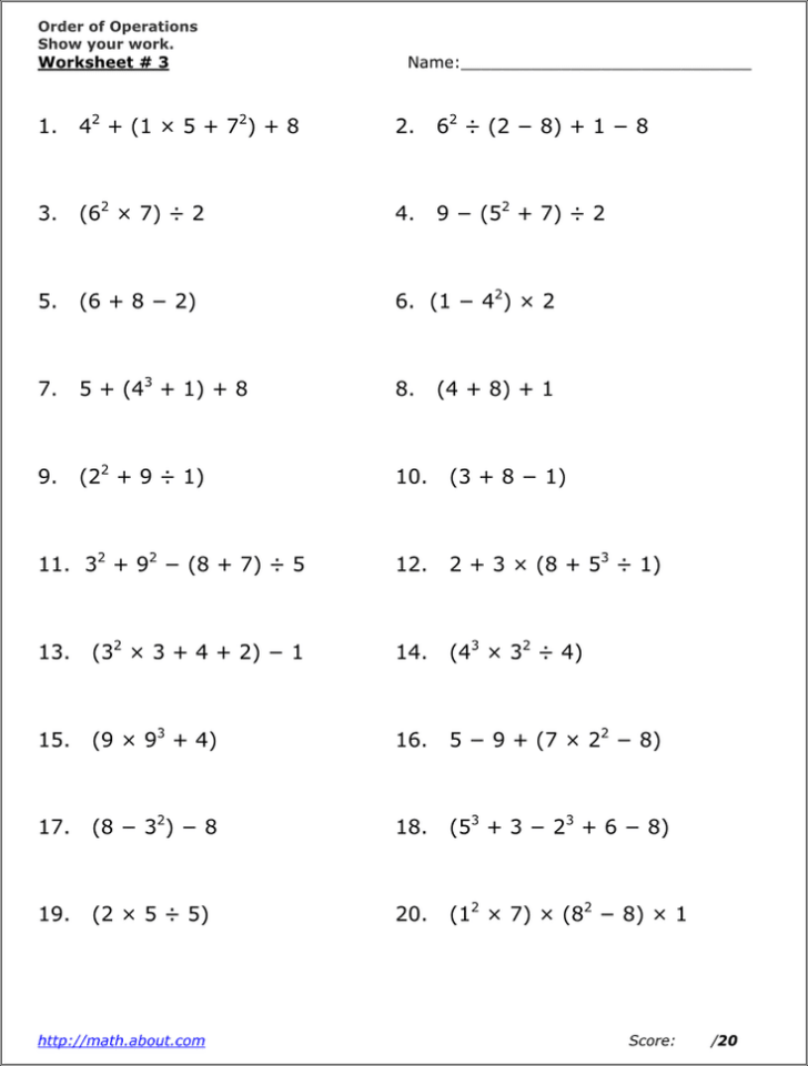 Order Of Operations Worksheet Algebra 1
