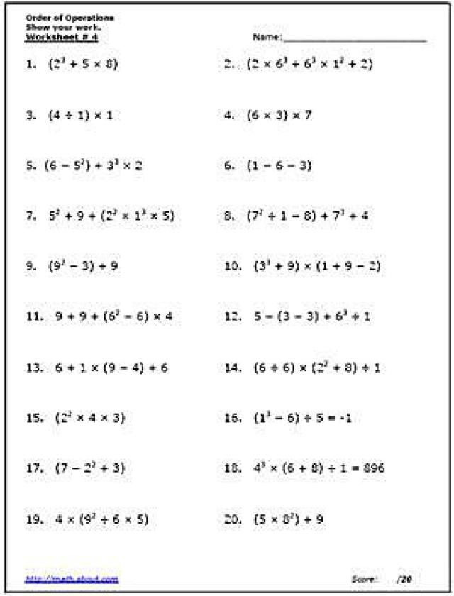 Algebra 1 Order Of Operations Worksheet Answers