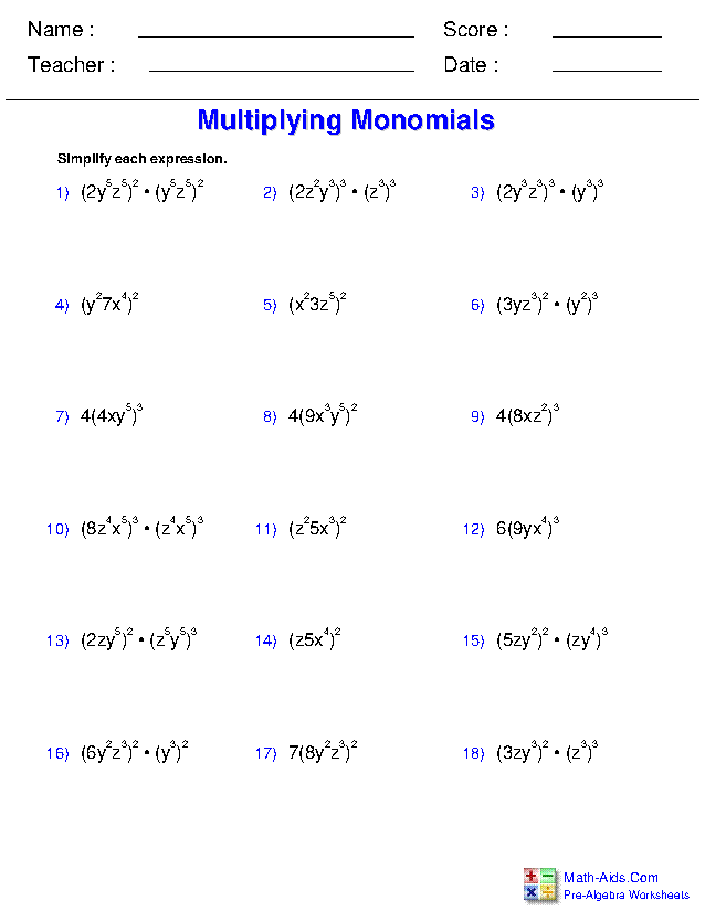 Pre Algebra Worksheets Monomials And Polynomials Worksheets Algebra 