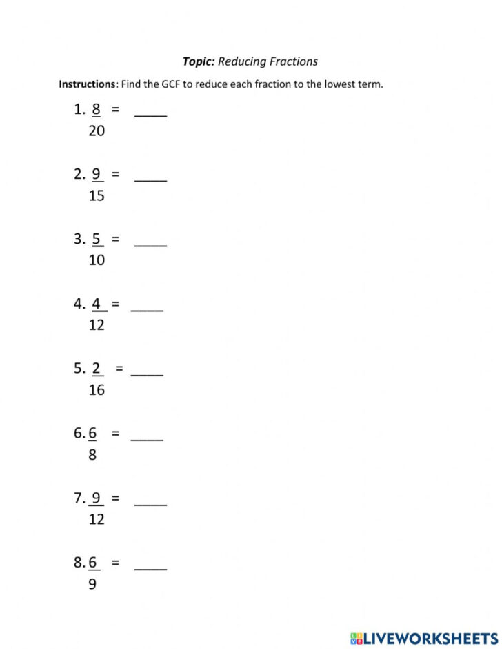 Reducing Fractions Math Worksheets