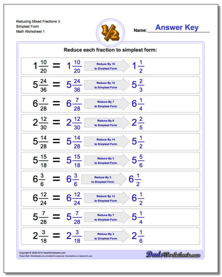Reducing Fractions Worksheet With Answers