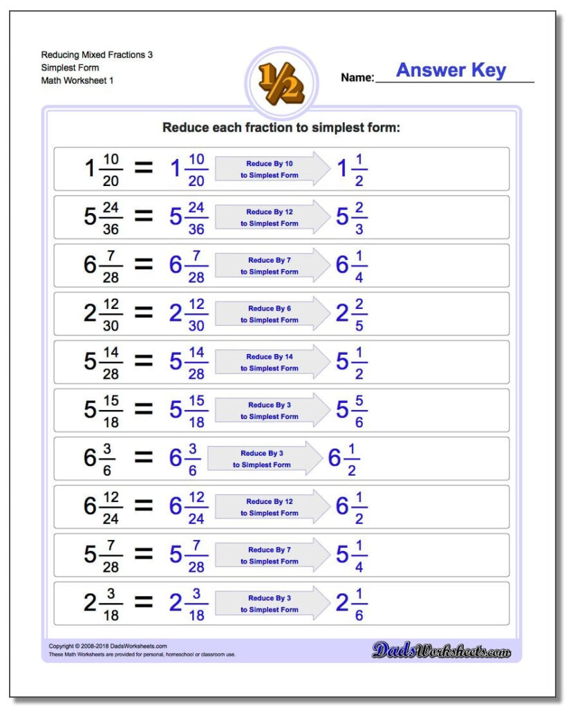 Reducing Fractions Worksheet With Answers | Order of Operation Worksheets